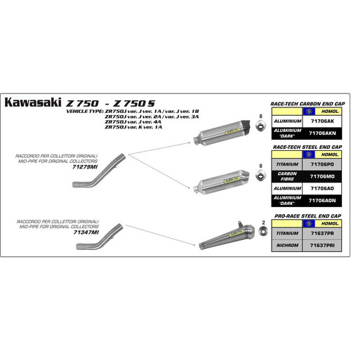 Arrow Non-Cat Kawasaki Z750/S ''04-06 Stainless Steel Link Pipe