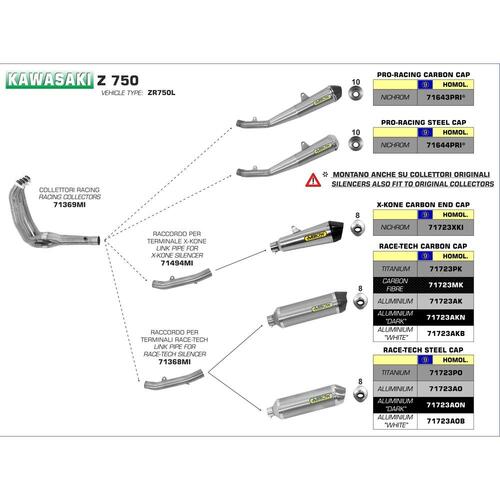 Arrow Race-Tech Muffler for Kaw Z750 ('07-14), Z800 ('13-16) in Carbon Fibre w/CF Cap