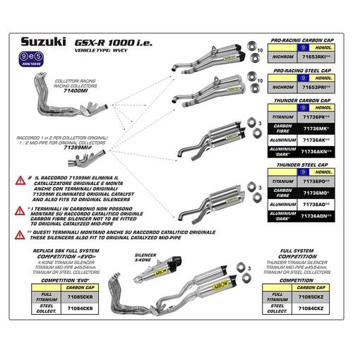 Arrow Thunder Muffler Set for Suz GSX-R 1000 ('09-11) in Alum. Silver w/CF Cap