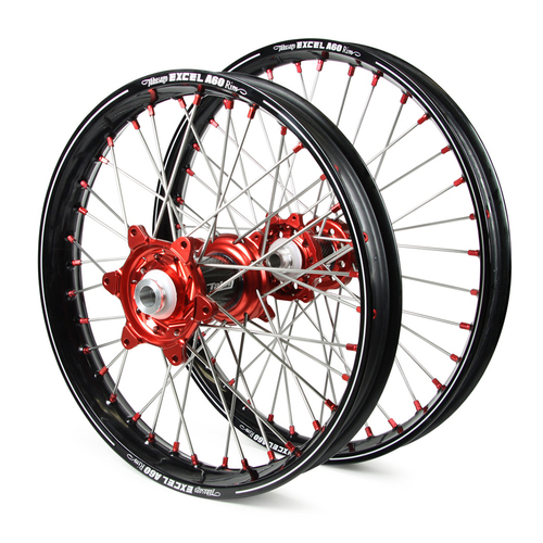 Honda Talon Carbon Fibre / Excel A60 SNR MX Black Rims / Red Hubs / Red Nipples CR 125-250 2002-07, CRF 250 2004-13, CRF450 2002-12 (21 / 19*2.15)