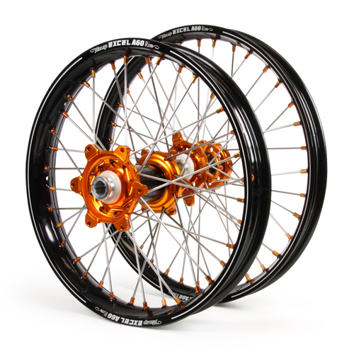 KTM Talon Carbon Fibre / Excel A60 SNR MX Black Rims / Orange Hubs / Orange Nipples Wheel Set SX-SXF 125-250-350-450 2003-12 (21 / 19*2.15)