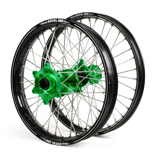 Kawasaki Haan / A60 SNR MX Black Rims / Green Hubs Wheel Set KXF 250-450 2006-2017 (21*1.6 / 19*2.15")"