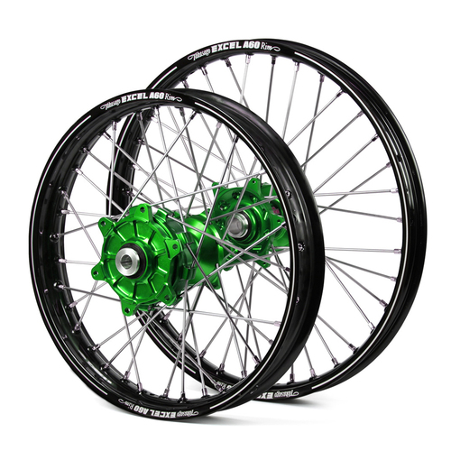 Kawasaki Haan / A60 Enduro Cush Drive Black Rims / Green Hubs Wheel Set KXF 250-450 2006-2017 (21*1.60 / 18*2.15)