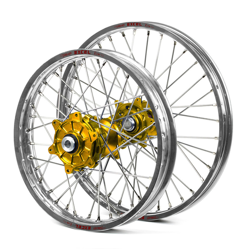 Honda Haan / Excel Enduro Cush Drive Silver Rims / Gold Hubs Wheel Set CRF 250-450 X 2004-2015 (21*1.60 / 18*2.15)