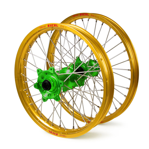 Kawasaki Haan / Excel SNR MX Gold Rims / Green Hubs Wheel Set KXF 250-450 2006-2017 (21*1.6 / 19*2.15")"