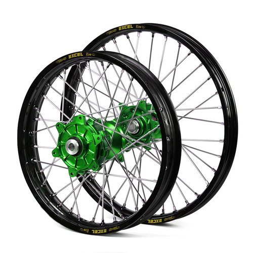 Kawasaki Haan / Excel Enduro Cush Drive Black Rims / Green Hubs Wheel Set KXF 250-450 2006-2017 (21*1.60 / 18*2.15)