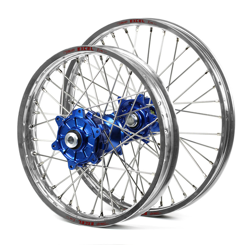 Kawasaki Haan / Excel Enduro Cush Drive Silver Rims / Blue Hubs Wheel Set KXF 250-450 2006-2017 (21*1.60 / 18*2.15)