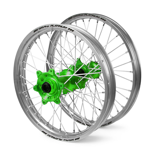 Kawasaki Haan / Excel SNR MX Silver Rims / Green Hubs Wheel Set KXF 250-450 2006-2017 (21*1.6 / 19*2.15")"