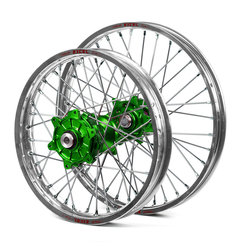 Kawasaki Haan / Excel Enduro Cush Drive Silver Rims / Green Hubs Wheel Set KXF 250-450 2006-2017 (21*1.60 / 18*2.15)