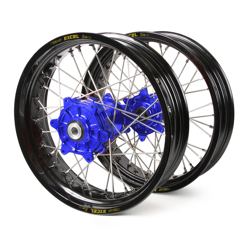 Kawasaki Haan / Excel Supermoto Cush Drive" Black Rims / Blue Hubs Wheel Set KXF 250-450 2006-2017 (17*3.50 / 17*4.25)"