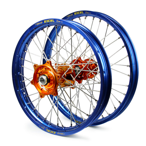 KTM Haan / Excel SNR MX Blue Rims / Orange Hubs Wheel Set SX-SXF 125-250-350-450 1997-2002 (21*1.6 / 19*2.15")"