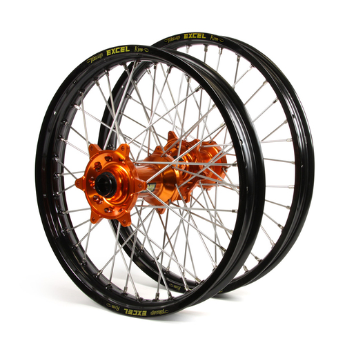 KTM Haan / Excel SNR MX Black Rims / Orange Hubs Wheel Set SX-SXF 125-250-350-450 1997-2002 (21*1.6 / 19*2.15")"