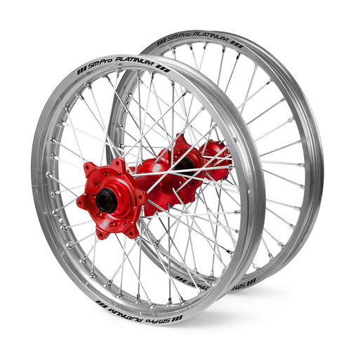 Honda Haan / Platinum SNR MX Silver Rims / Red Hubs Wheel Set CRF 250-450 X 2004-2015 (21*1.6 / 18*2.15")"