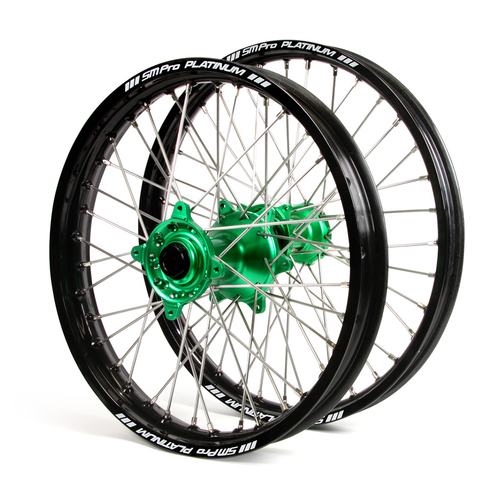 Kawasaki Haan / Platinum SNR MX Black Rims / Green Hubs Wheel Set KXF 250-450 2006-2017 (21*1.6 / 19*2.15")"