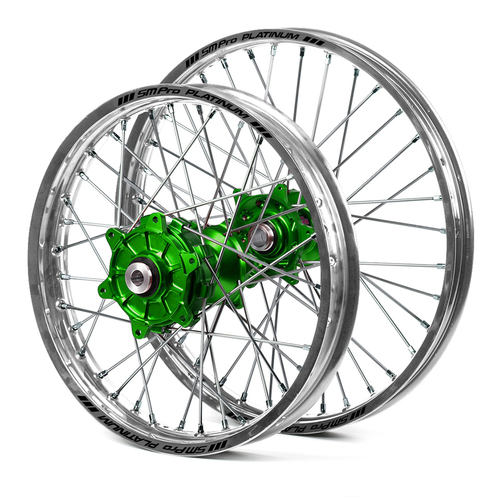 Kawasaki Haan / Platinum Enduro Cush Drive Silver Rims / Green Hubs Wheel Set KXF 250-450 2006-2017 (21*1.60 / 18*2.15)