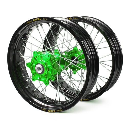 Kawasaki Haan / Excel Supermoto Cush Drive" Black Rims / Green Hubs Wheel Set KXF 250-450 2006-2017 (17*3.50 / 17*4.25)"