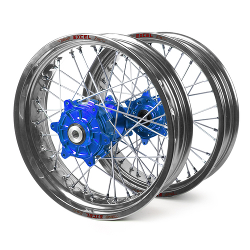 Kawasaki Haan / Excel Supermoto Cush Drive" Silver Rims / Blue Hubs Wheel Set KXF 250-450 2006-2017 (17*3.50 / 17*4.25)"