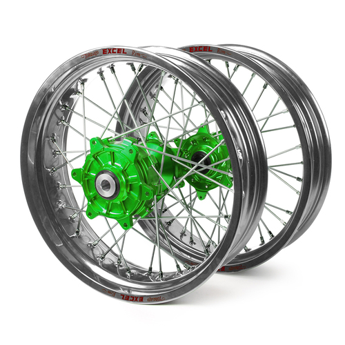 Kawasaki Haan / Excel Supermoto Cush Drive" Silver Rims / Green Hubs Wheel Set KXF 250-450 2006-2017 (17*3.50 / 17*4.25)"