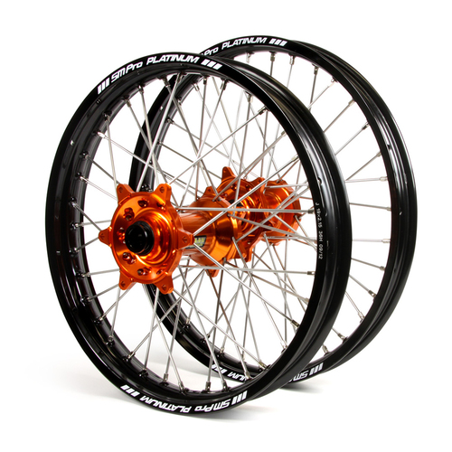 KTM Haan / Platinum SNR MX Black Rims / Orange Hubs Wheel Set SX-SXF 125-250-350-450 1997-2002 (21*1.6 / 19*2.15")"