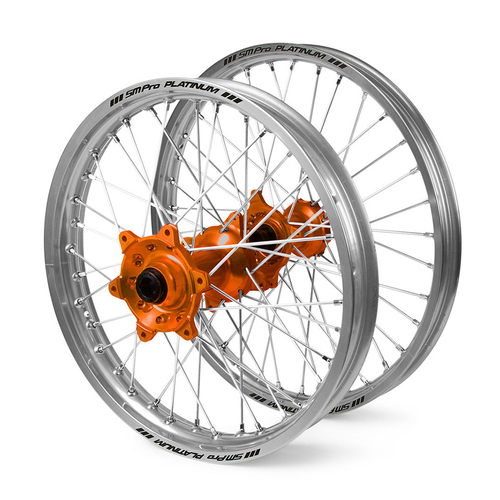 KTM Haan / Platinum SNR MX Silver Rims / Orange Hubs Wheel Set SX-SXF 125-250-350-450 1997-2002 (21*1.6 / 19*2.15")"