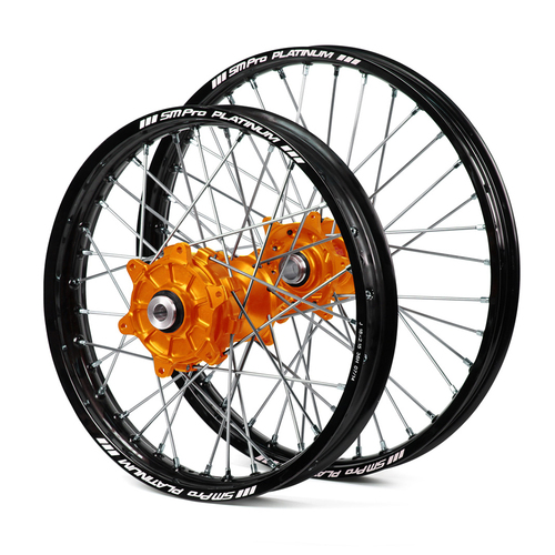 KTM Haan / Platinum Enduro Cush Drive Black Rims / Orange Hubs Wheel Set SX-SXF 125-250-350-450 2013-2014 (21*1.60 / 18*2.15)