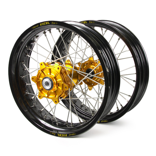 KTM Haan / Excel Supermoto Cush Drive" Black Rims / Gold Hubs Wheel Set Super Enduro 950 2007-2015 (17*3.50 / 17*4.25)"