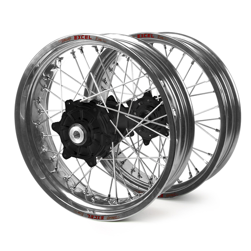 Yamaha Haan / Excel Supermoto Cush Drive" Silver Rims / Black Hubs Wheel Set WRF 250-450 2002-2017 (17*3.50 / 17*4.25)"