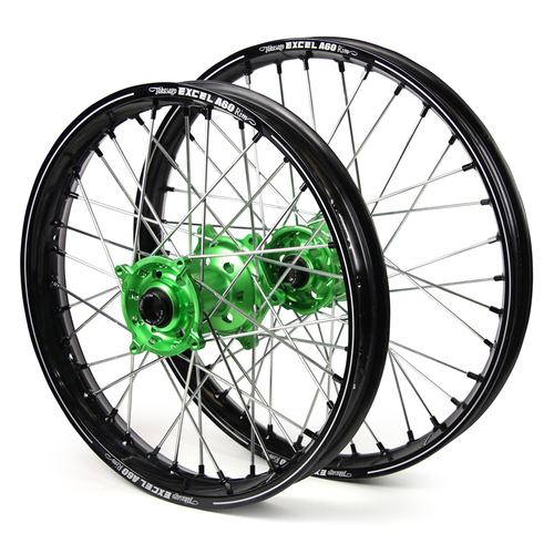 Kawasaki SM Pro / Excel A60 SNR MX Black Rim / Green Hub / Black Nipples Wheel Set KX 125 2006-2008 (21*1.60 / 18*2.15)