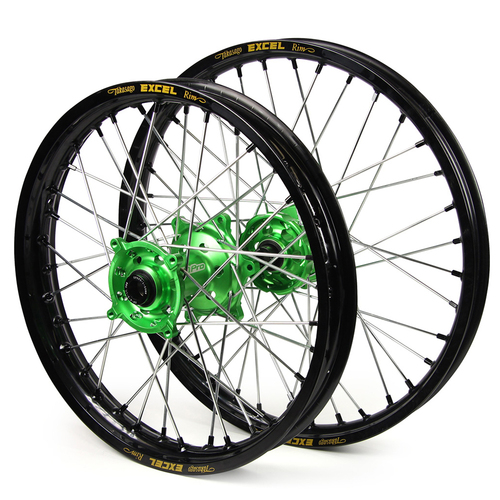 Kawasaki SM Pro / Excel SNR MX Black Rim / Green Hub / Black Nipples Wheel Set KX 125 2006-2008 (21*1.60 / 18*2.15)