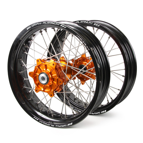 KTM SM Pro / Platinum Supermoto Cush Drive Black Rims / Orange Hubs Wheel Set EXC-EXC-F 250-300-350-450-500 2003-2017 (17*3.50 / 17*4.25)