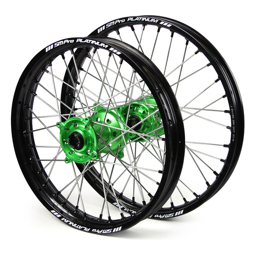 Kawasaki SM Pro / Platinum SNR MX Black Rim / Green Hub / Black Nipples Wheel Set KX 125 2006-2008 (21*1.60 / 18*2.15)