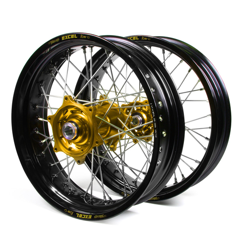 Honda Talon / Excel Supermoto Non Cush" Black Rims / Gold Hubs Wheel Set XR 600 1986-1999 (17*3.50 / 17*4.25)"