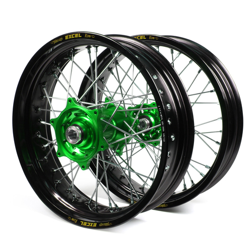 Kawasaki Talon / Excel Supermoto Non Cush" Black Rims / Green Hubs Wheel Set KLX 450 2007-17 (17*3.50 / 17*4.25)"