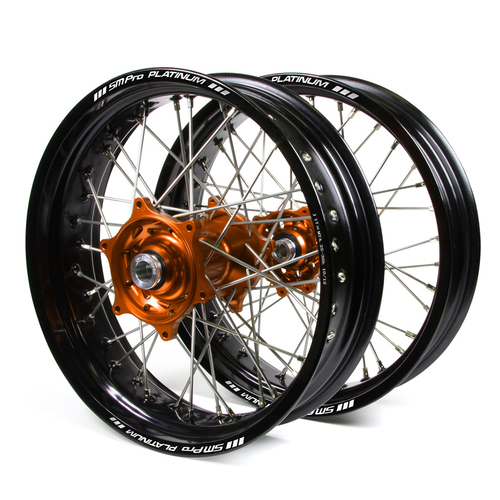 KTM Talon / Platinum Supermoto Non Cush" Black Rims / Orange Hubs Wheel Set SX-SXF 125-250-350-450 2013-14 (17*3.50 / 17*4.25)"