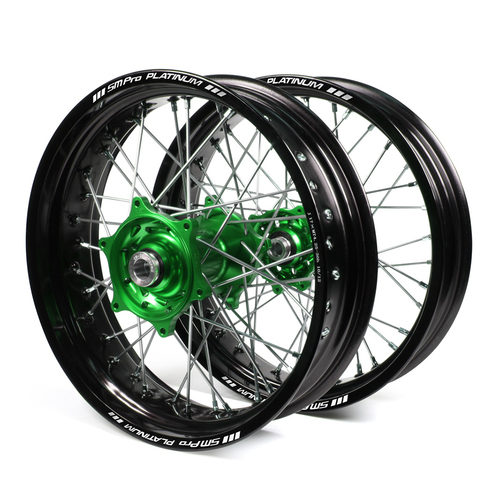 Kawasaki Talon / Platinum Supermoto Non Cush" Black Rims / Green Hubs Wheel Set KX 125-250 2006-12 / KXF 250-450 2006-17 (17*3.50 / 17*4.25)"